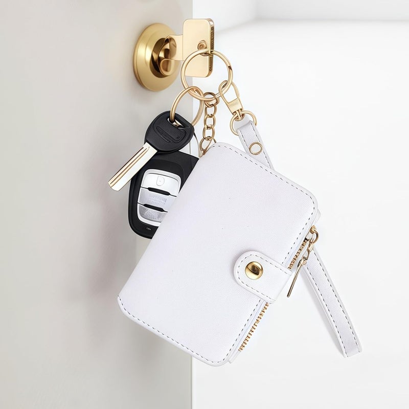 M-Plateau Wallet, Womens card Holder Leather Keychain Wallet With Zipper Coin Pocket ID Window Wrist Strap Gift Box (White) - Image 2